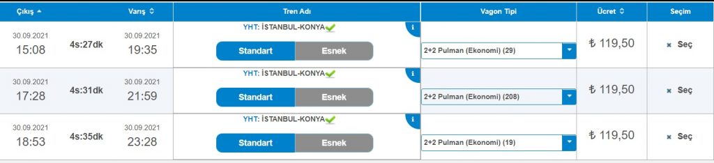 Konya Hızlı Tren Bilet Fiyatları