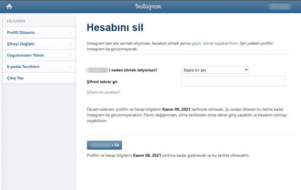 instagram hesap silme linki